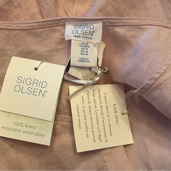 Sigrid Olsen Womens M Pink Button Up Shirt 100% Linen Tunic Top Roll Tab Sleeve - Picture 6 of 8
